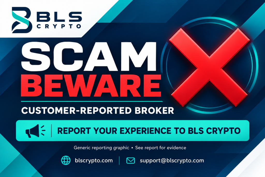 BLS Crypto generic reporting graphic: SCAM BEWARE, CUSTOMER-REPORTED BROKER, red X, and Report your experience to BLS Crypto.